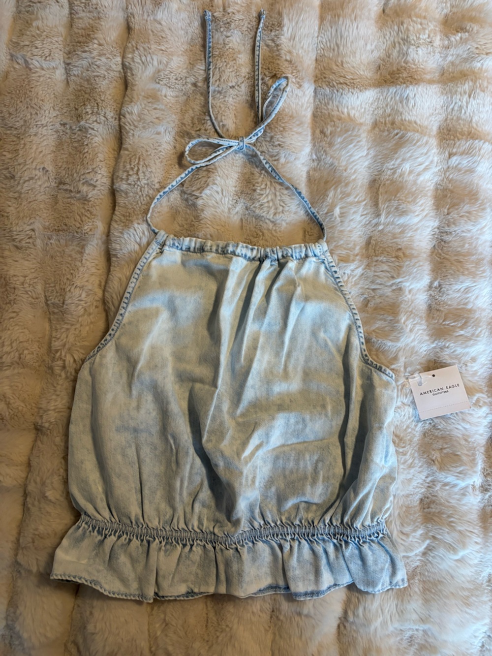 America Eagle Light Wash Denim Halter Top
